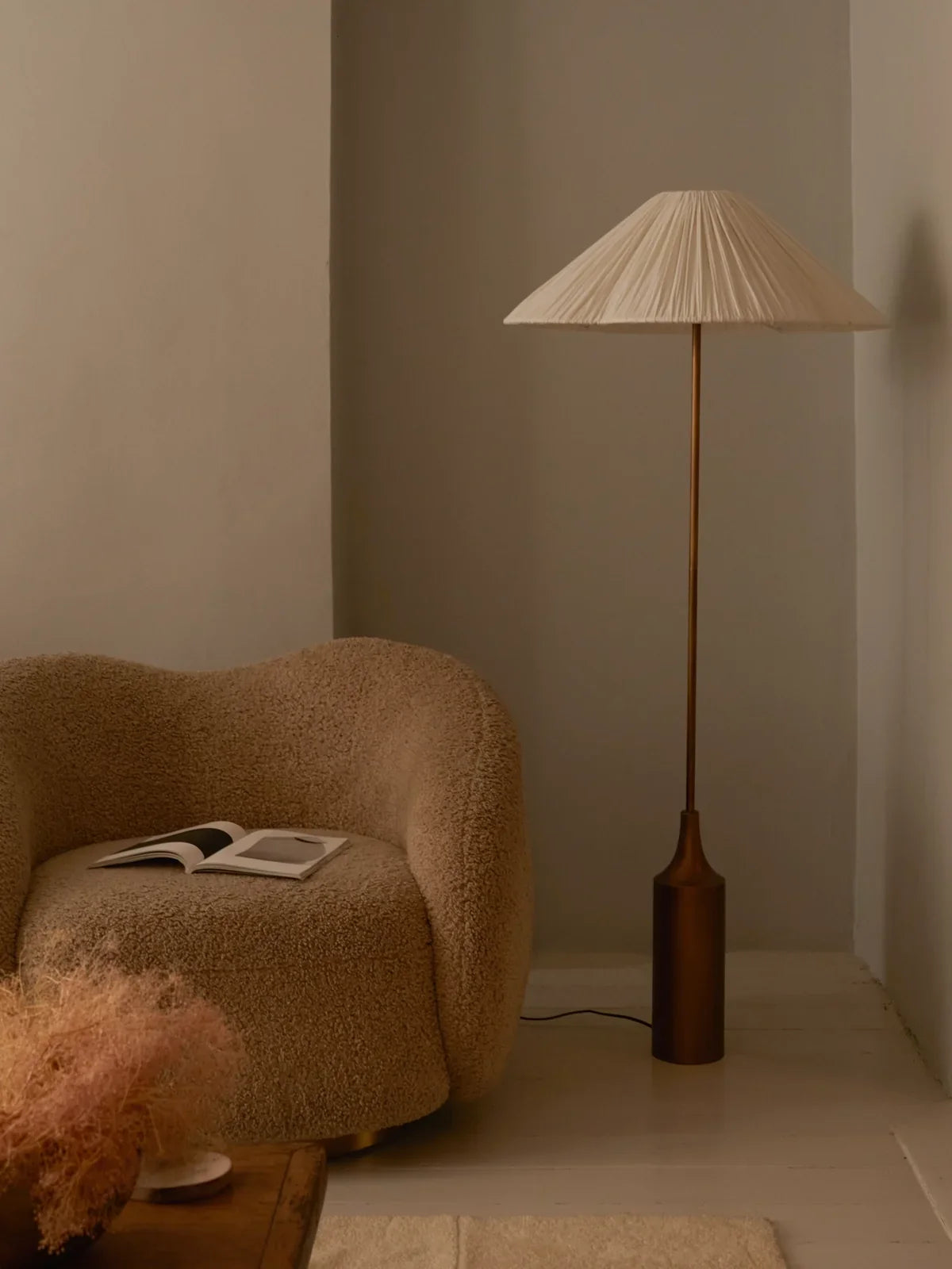 Lindi - aged brass and linen scalloped floor lamp