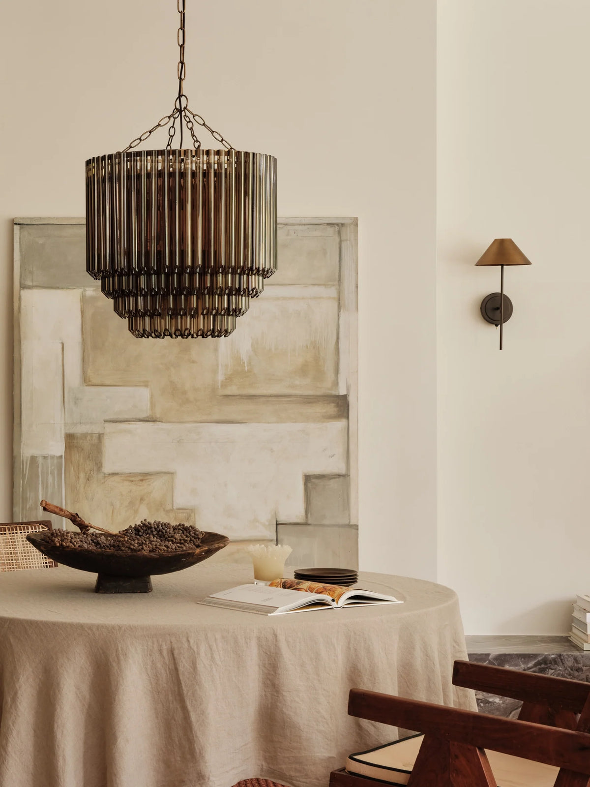 Petalia - 9 light aged brass and smoked green glass tube tall chandelier