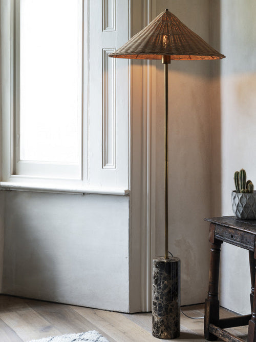 Ardini - 1 light rattan and brown marble floor lamp