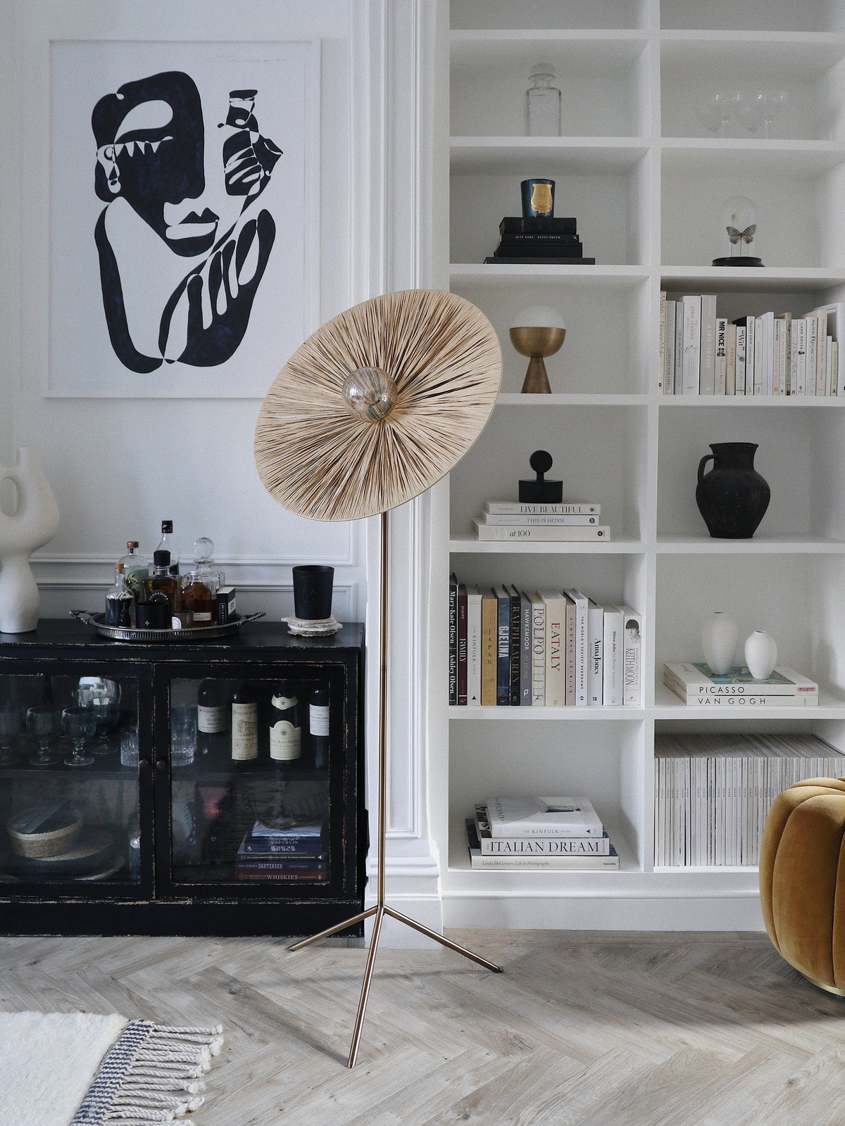 Ridotti - 1 Light Natural Raffia and Burnished Brass Floor Lamp